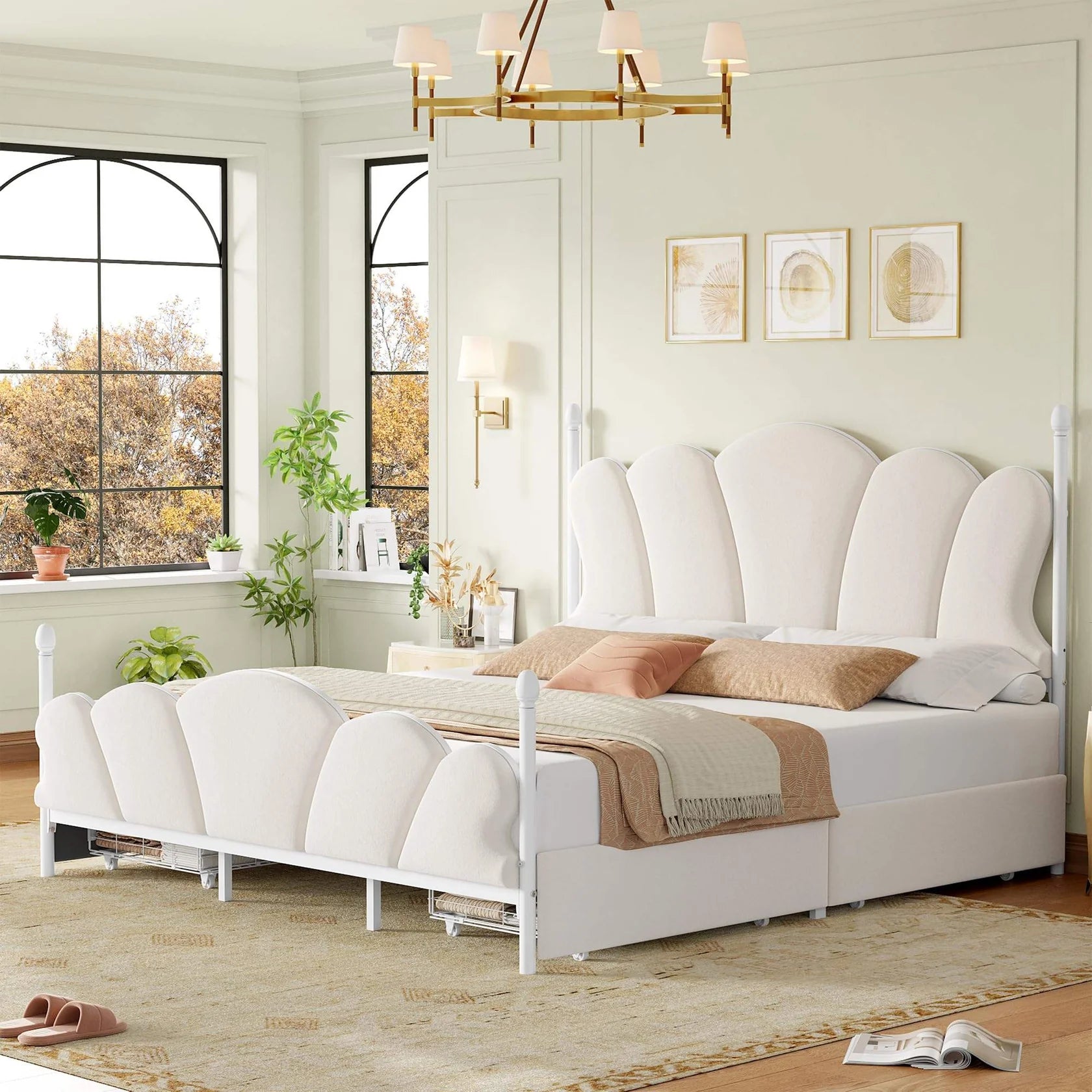 Velvet Upholstered Full-Size Bed Frame with 4 Storage Drawers, Cloud-Shaped Headboard, Sturdy Metal Slat Support, No Box Spring Required, Beige