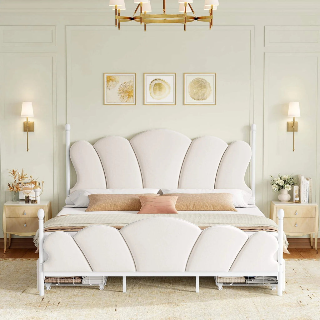 Velvet Upholstered Full-Size Bed Frame with 4 Storage Drawers, Cloud-Shaped Headboard, Sturdy Metal Slat Support, No Box Spring Required, Beige