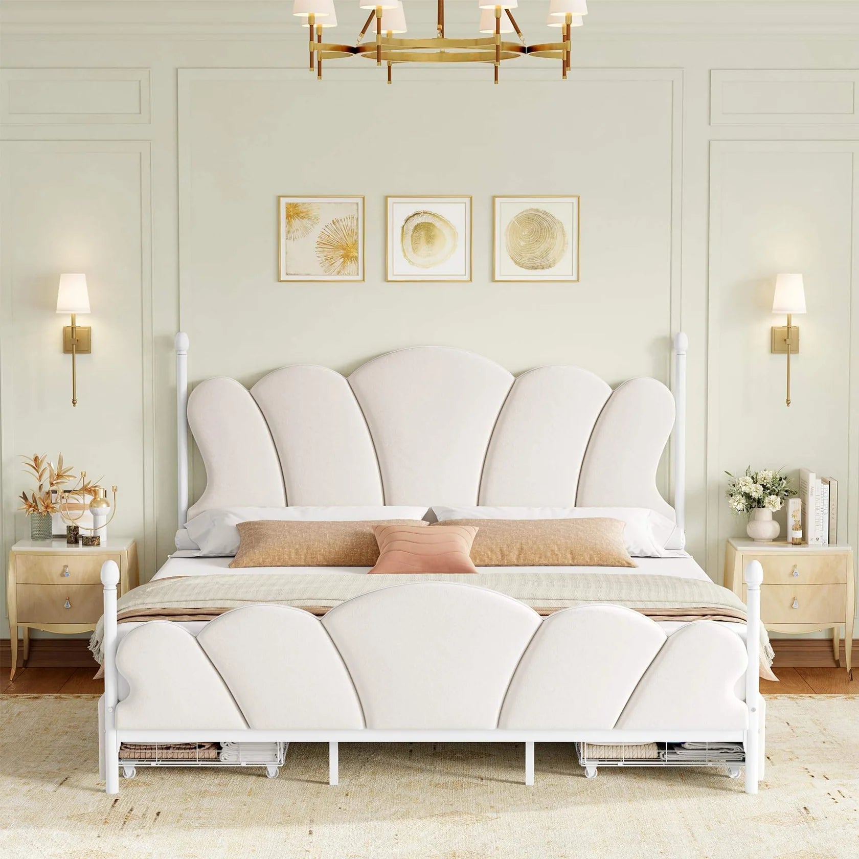 Velvet Upholstered Full-Size Bed Frame with 4 Storage Drawers, Cloud-Shaped Headboard, Sturdy Metal Slat Support, No Box Spring Required, Beige