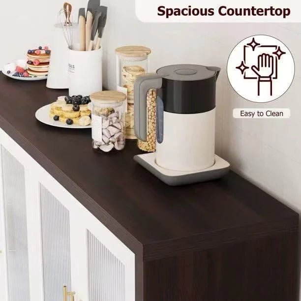 Wooden 55.1"W Modern Sideboard Buffet with Fluted Glass Doors, Accent Cabinet Console Table TV Stand, Brown & White