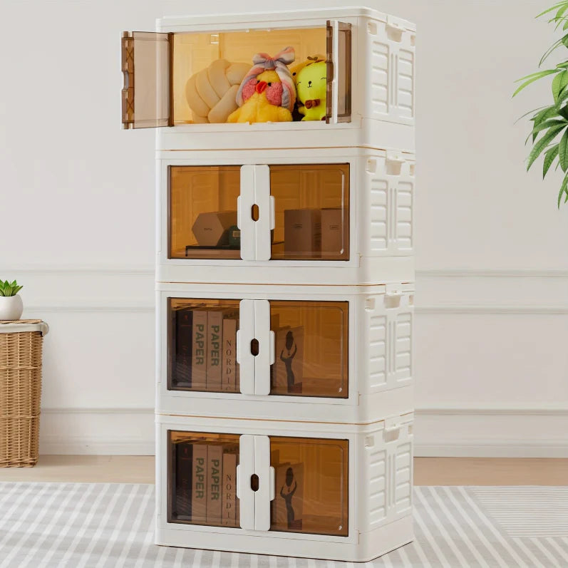 3-Tier Stackable Plastic Storage Bins With Lids Foldable Storage Boxes With Doors &amp; Wheels 80QT/ 76L