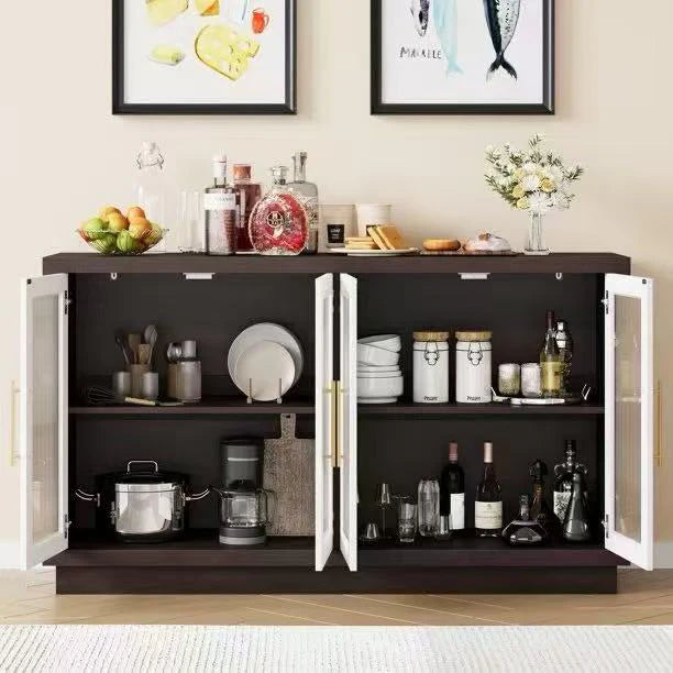 Wooden 55.1"W Modern Sideboard Buffet with Fluted Glass Doors, Accent Cabinet Console Table TV Stand, Brown & White