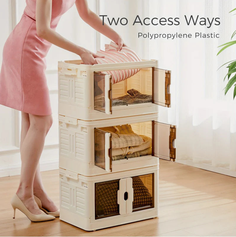 3-Tier Stackable Plastic Storage Bins With Lids Foldable Storage Boxes With Doors &amp; Wheels 80QT/ 76L