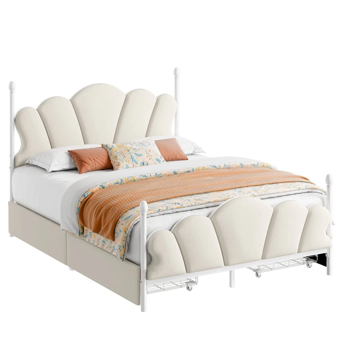 Velvet Upholstered Full-Size Bed Frame with 4 Storage Drawers, Cloud-Shaped Headboard, Sturdy Metal Slat Support, No Box Spring Required, Beige