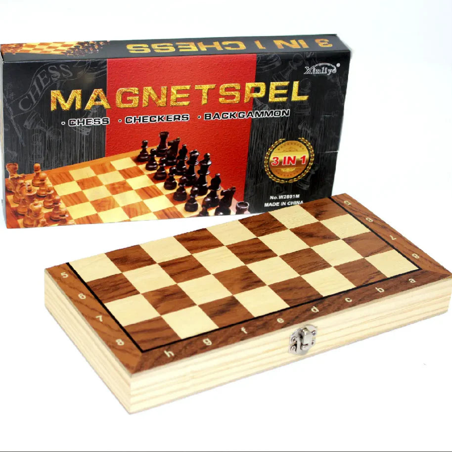 Travel Chess Set for Kids & Adults, 3-in-1 Chess and Checkers Set, 15'' Portable Board Game, Wooden Strategy Board Game Toy Gift for Kids Friends